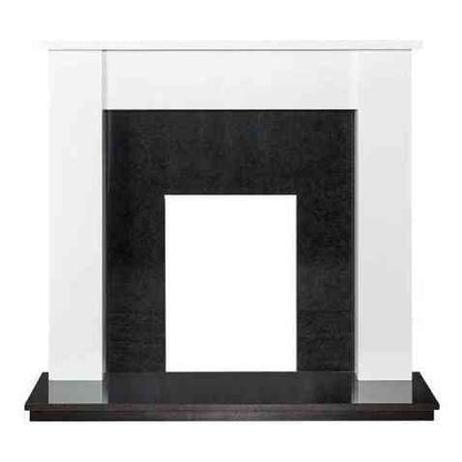 White wooden fireplace surround with flat base and polished black granite back panel
