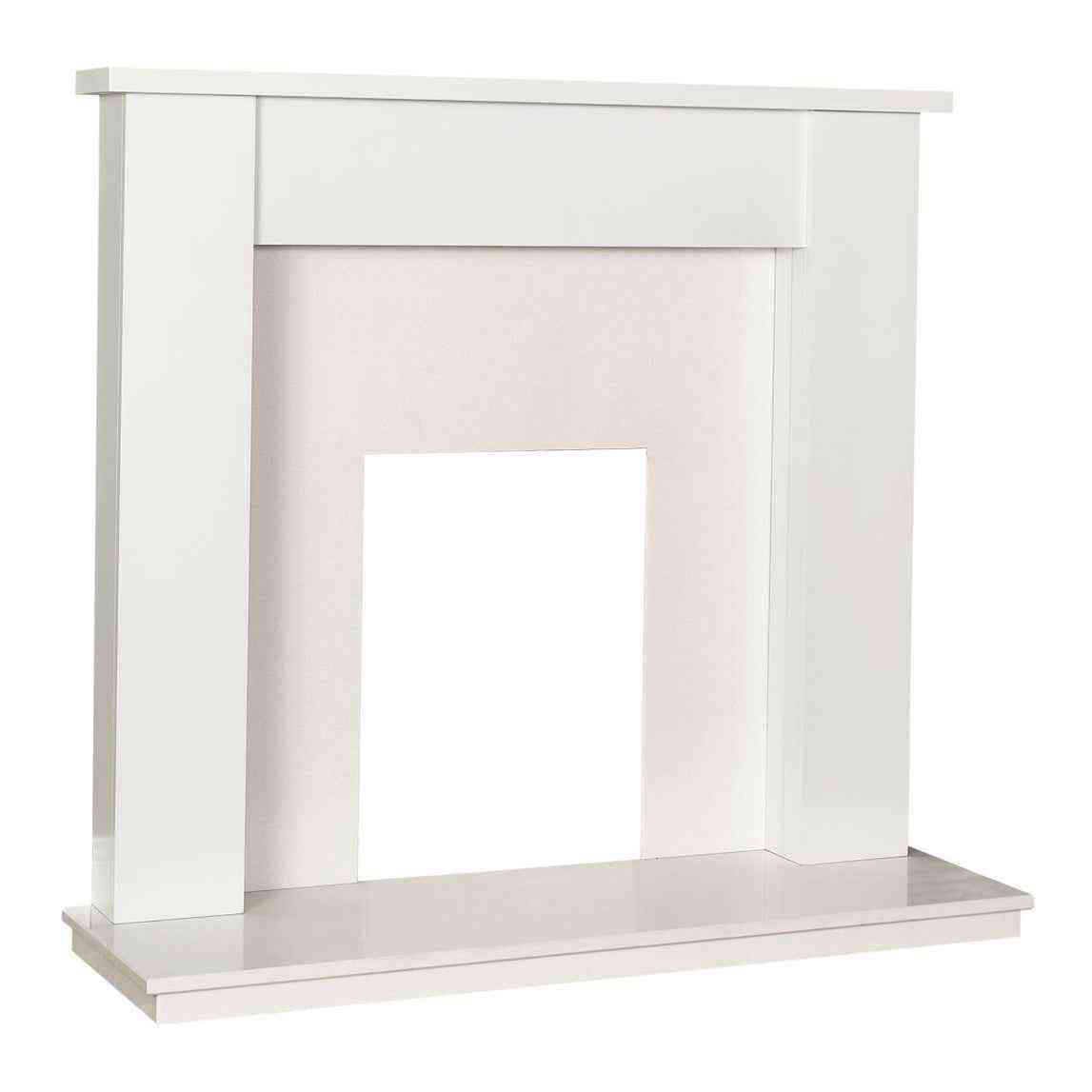 Elegant white marble fireplace suite with a flat top mantel and classic rectangular opening, perfect for indoor living spaces - SKU: 22814