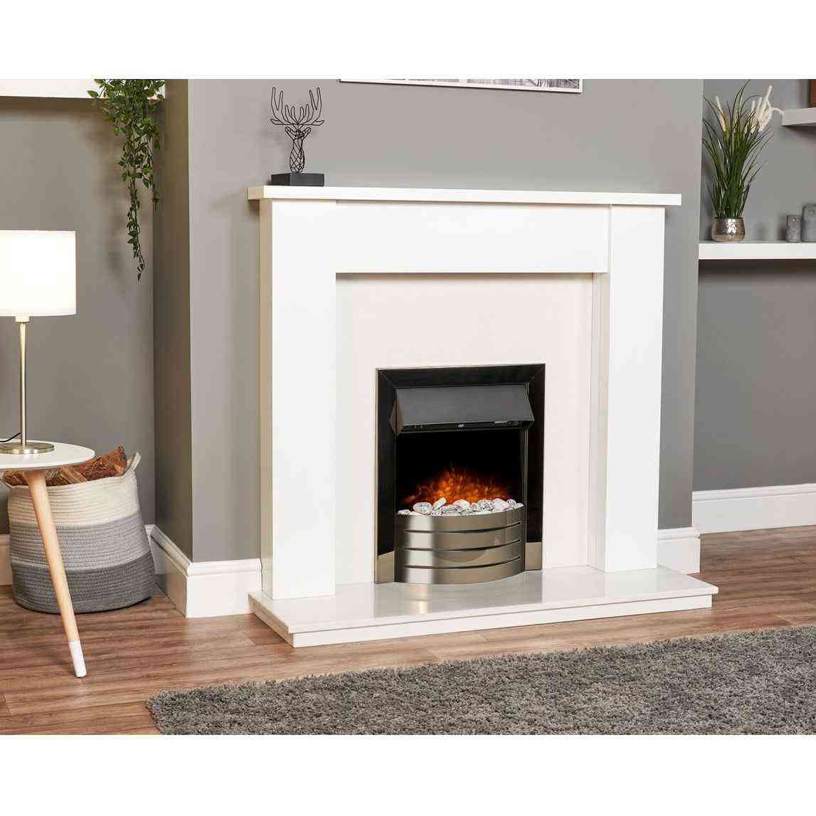 Close-up of a white electric fireplace with a polished metal insert, set within a white marble surround, modern living room decor - SKU: 22814