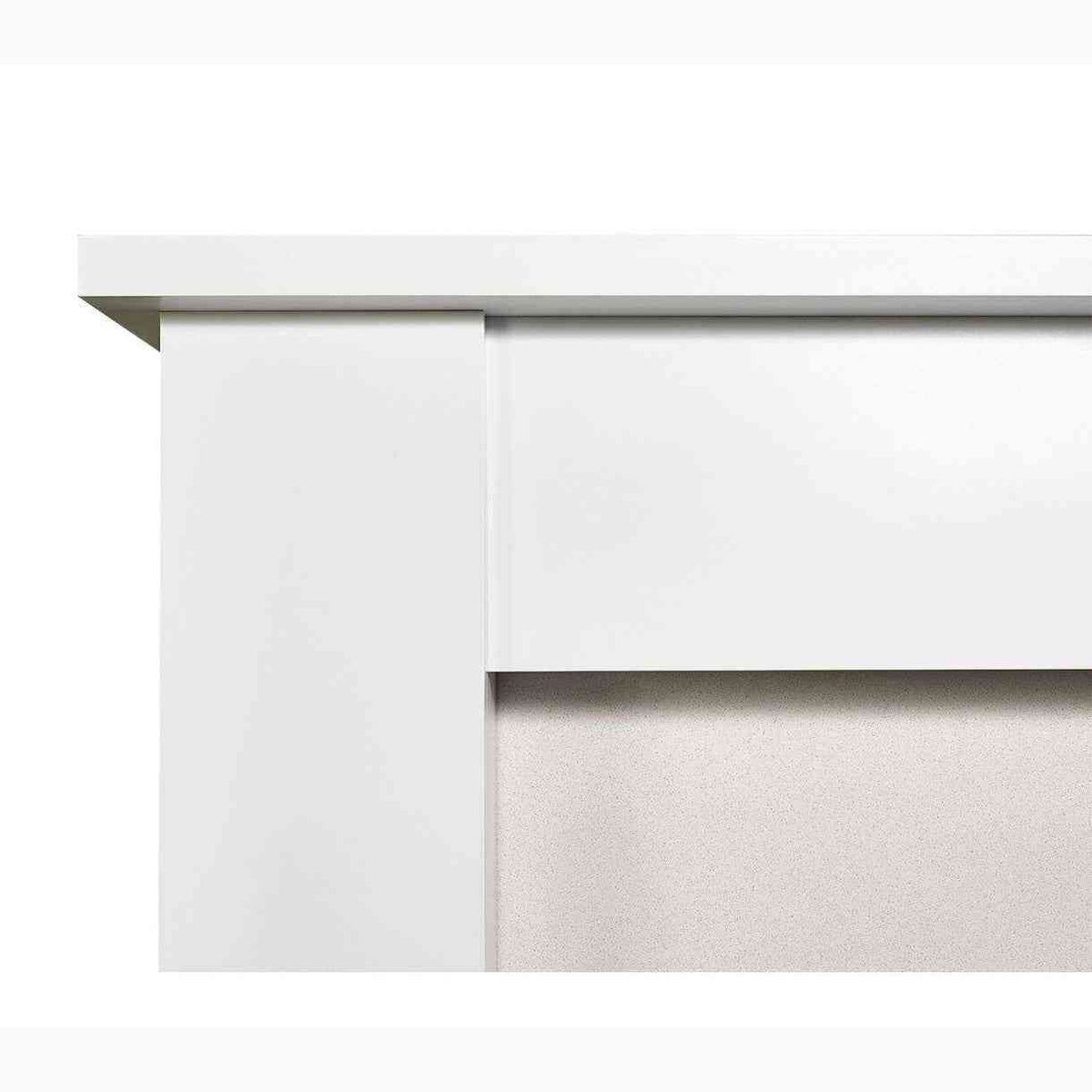 Detail of the white mantel and surround with smooth finish and subtle textured base, showcasing contemporary fireplace design - SKU: 22814