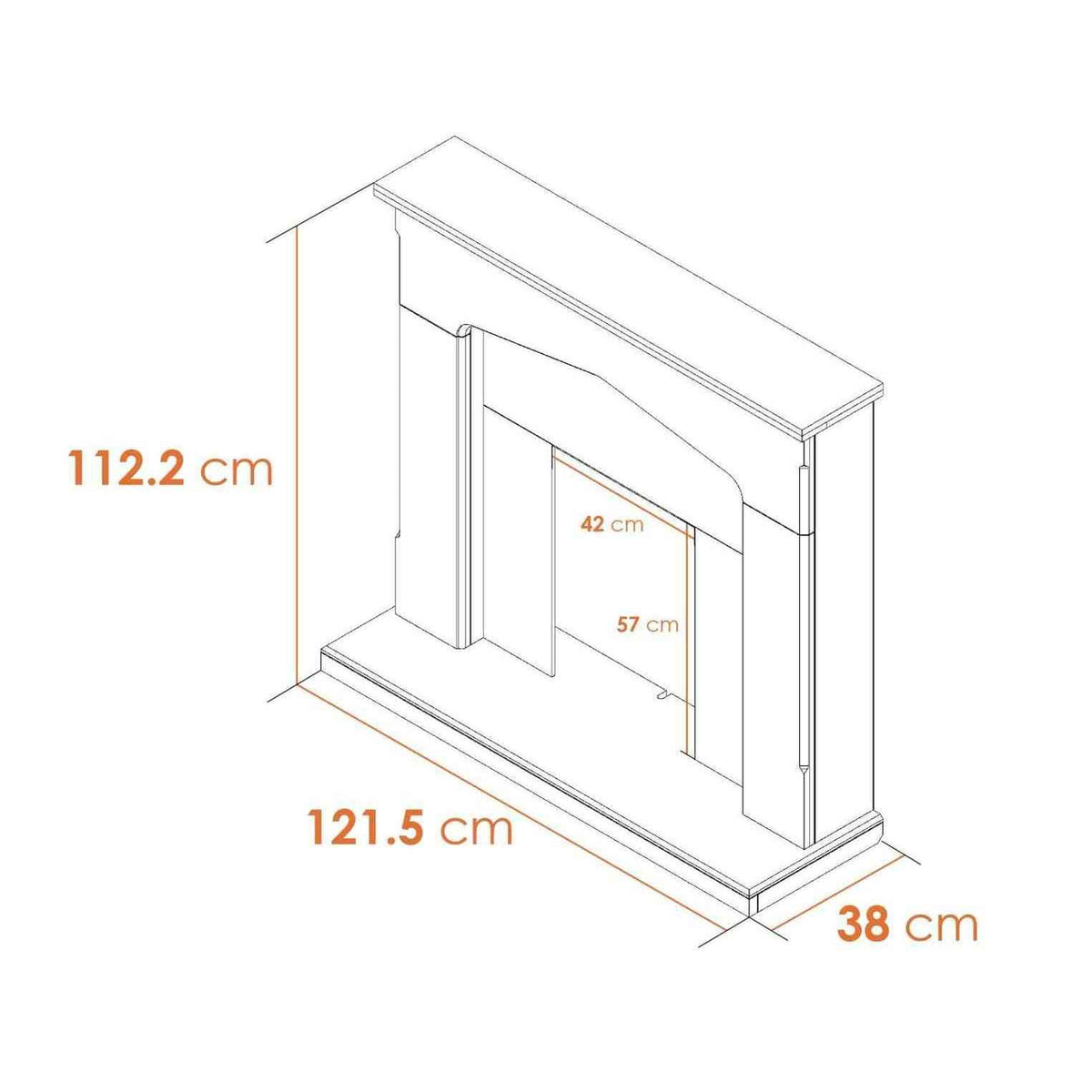 Technical diagram of 48-inch flat-to-wall fireplace surround dimensions