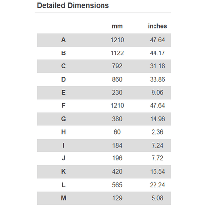 Detailed dimension table for 48-inch Adam Cotswold fireplace surround