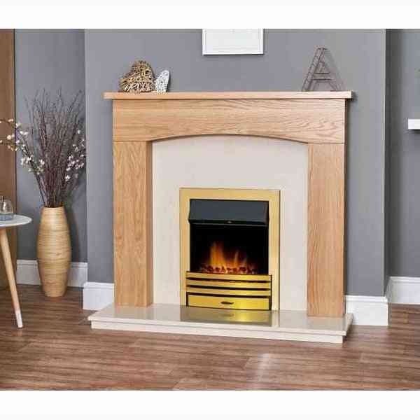 Brass electric inset fire installed in light oak wooden surround