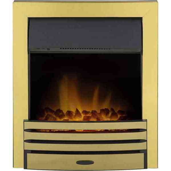 Brass electric fireplace insert showing flickering LED flame effect