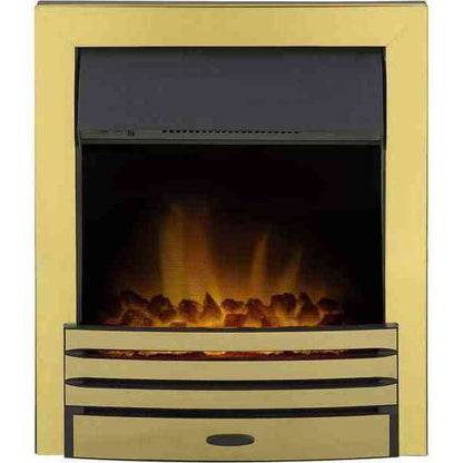 Brass electric fireplace insert showing flickering LED flame effect