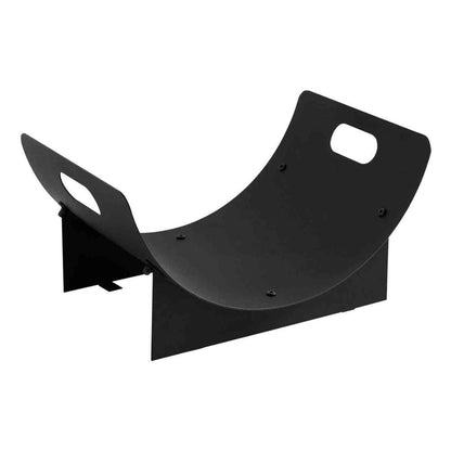 Close-up of black matte sheet steel log storage rack with oval side handles and mounting screws