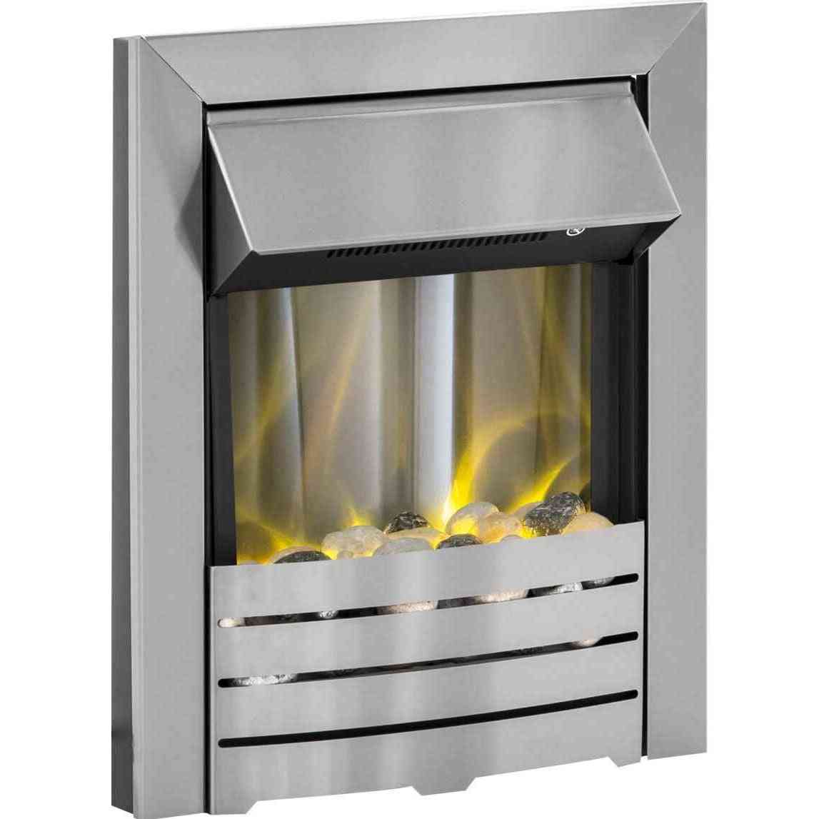 Adam Helios brushed steel electric fire with glowing pebble fuel bed on white background