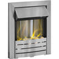 Adam Helios brushed steel electric fire with glowing pebble fuel bed on white background