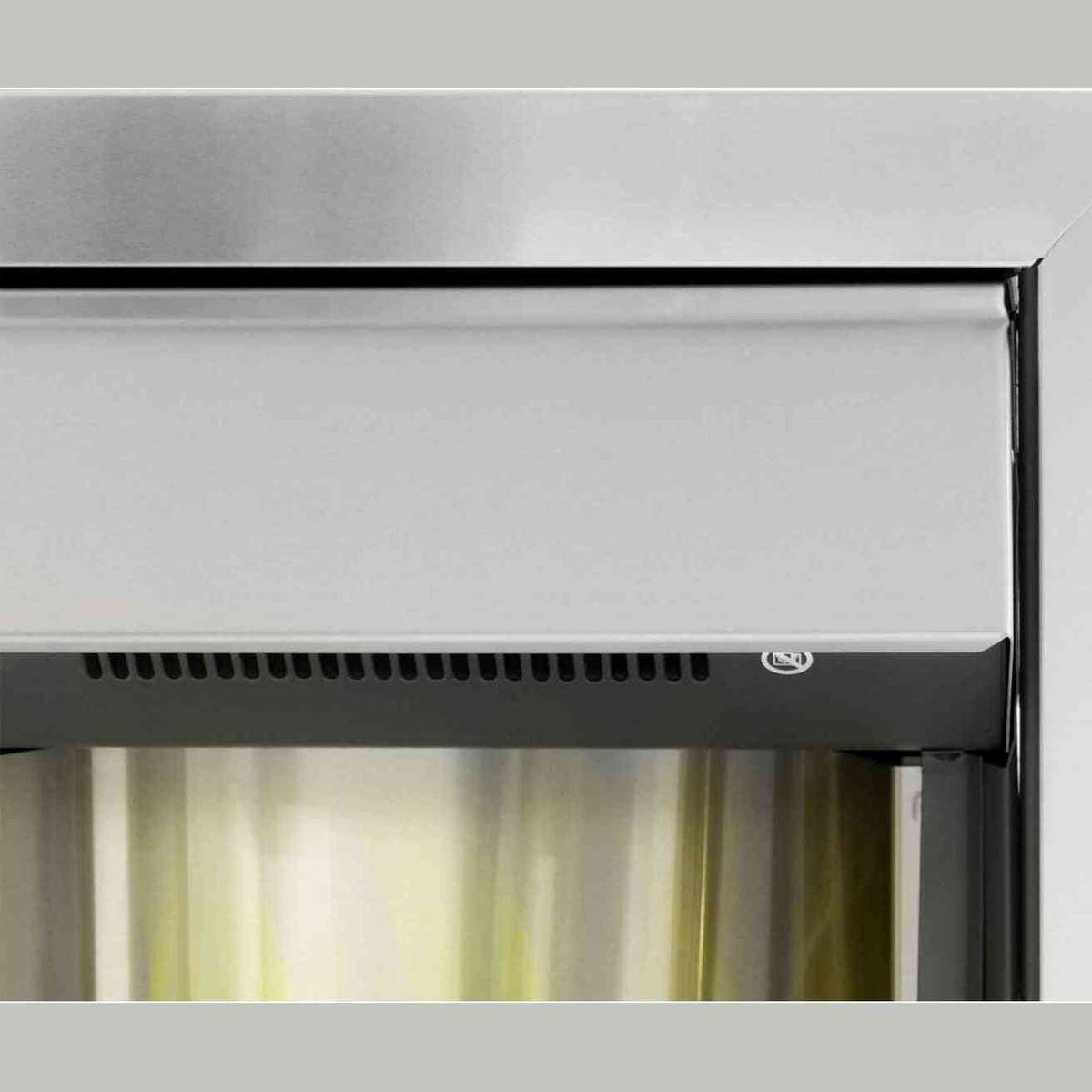 Adam Helios electric fire top panel with ventilation slits and certification mark