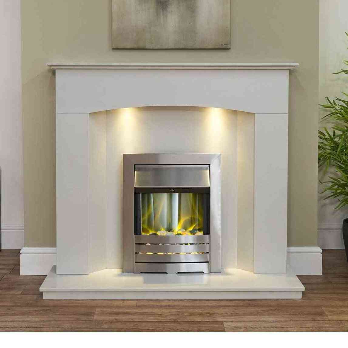 Adam Helios brushed steel electric inset fire installed in white fireplace surround