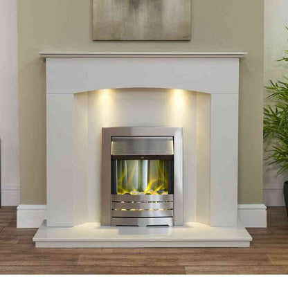 Adam Helios brushed steel electric inset fire installed in white fireplace surround