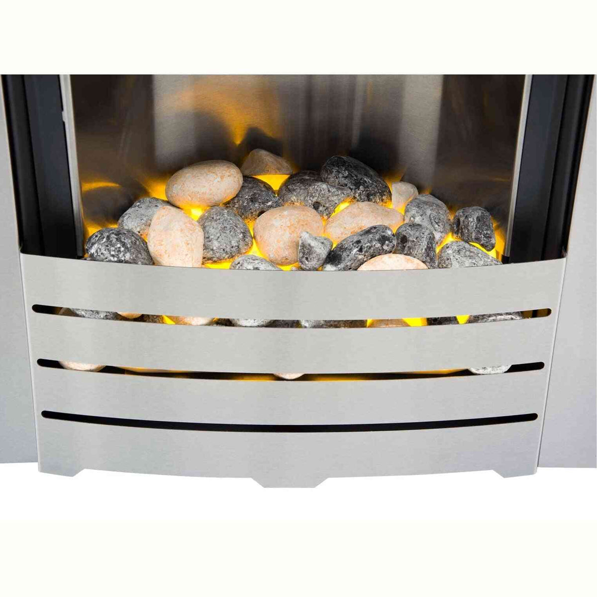 Close-up of Adam Helios electric fire smooth gray and orange pebble fuel bed