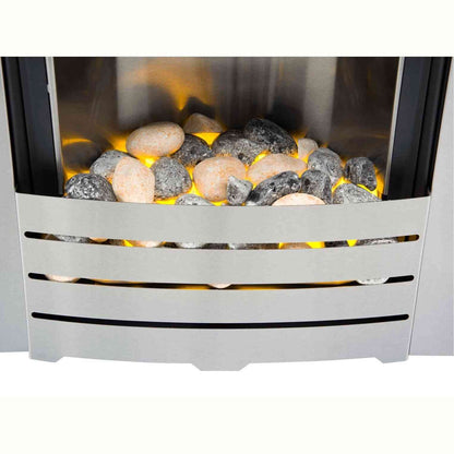 Close-up of Adam Helios electric fire smooth gray and orange pebble fuel bed
