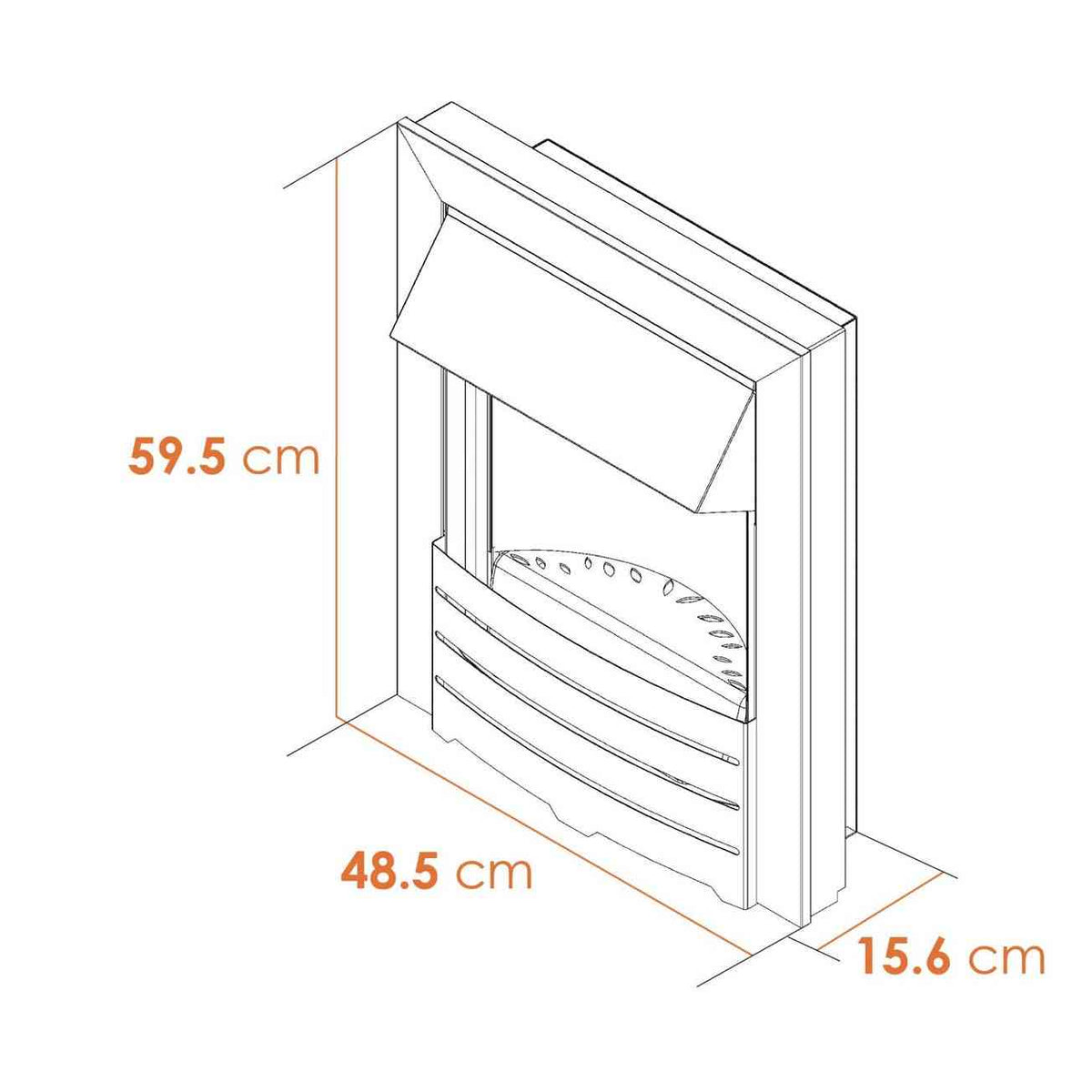Adam Helios electric inset fire dimensions isometric diagram with pebble bed