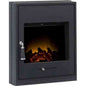 Close-up of black Adam Oslo electric inset stove showing LED flames and glass front