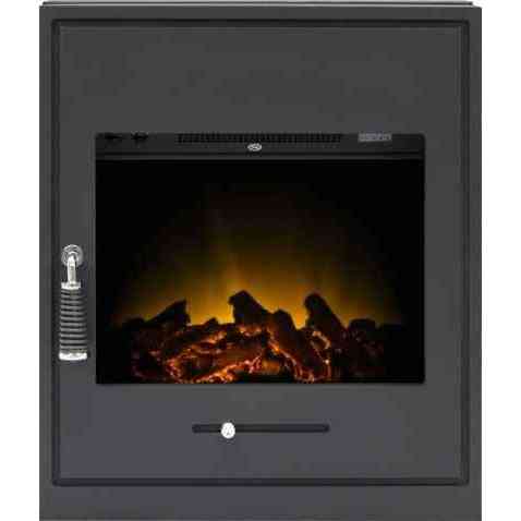 Black Adam Oslo electric inset stove with LED flame effect, log fuel bed and ribbed handle