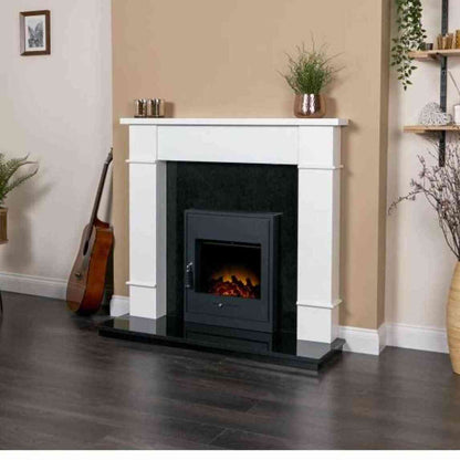 Black Adam Oslo electric inset stove installed in white mantel with LED flame effect
