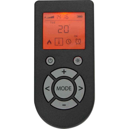 Black remote control for Adam Oslo electric inset stove with LCD screen and flame settings