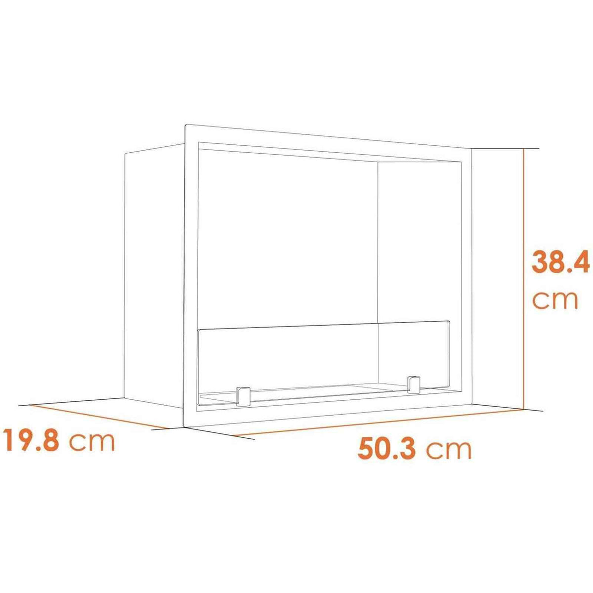 Technical diagram of Adam Quatro inset fireplace dimensions height width and depth