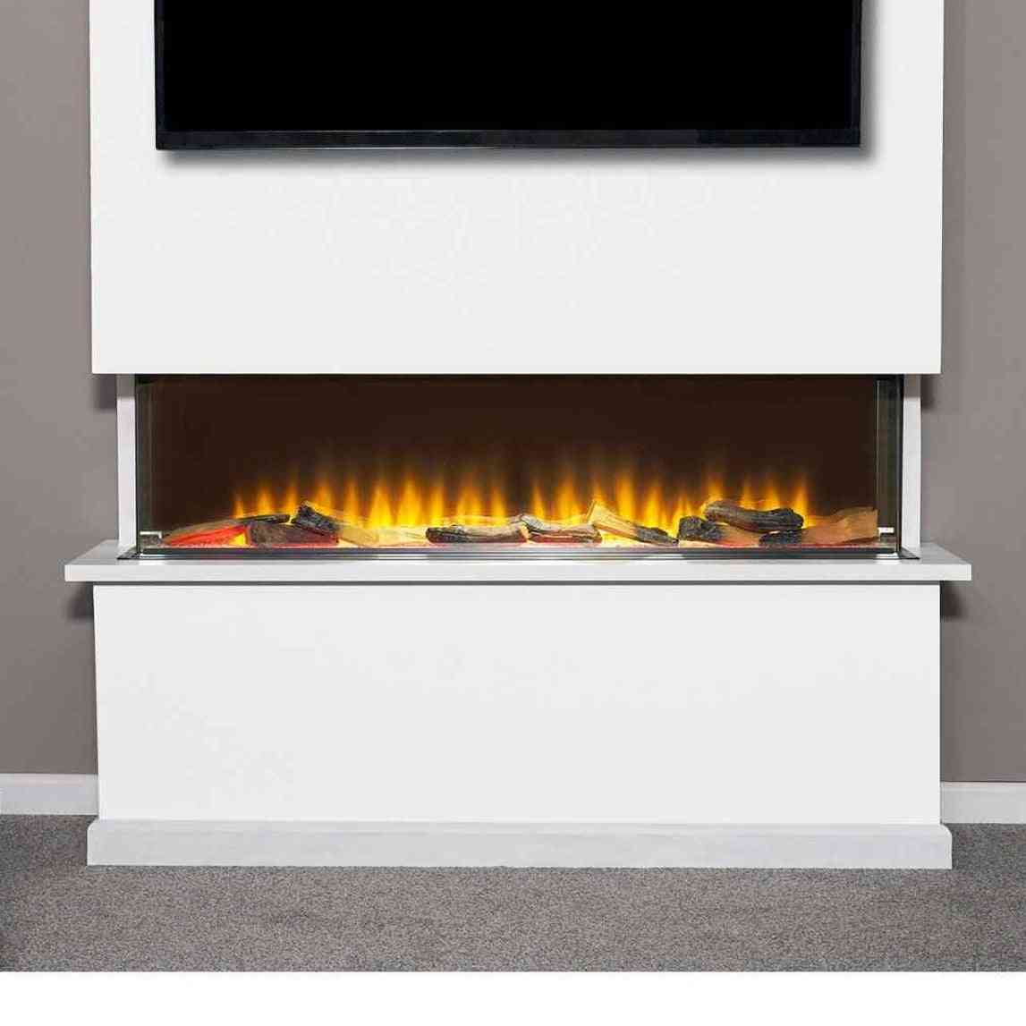 Wide view of black 3-sided fireplace in white media wall unit with LED flames