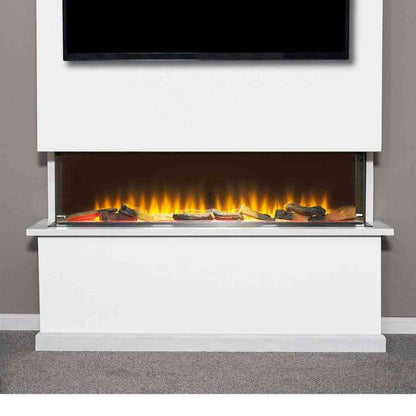 Wide view of black 3-sided fireplace in white media wall unit with LED flames
