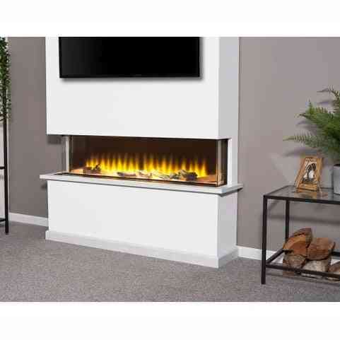 Adam Sahara electric fire installed in white media wall with TV above