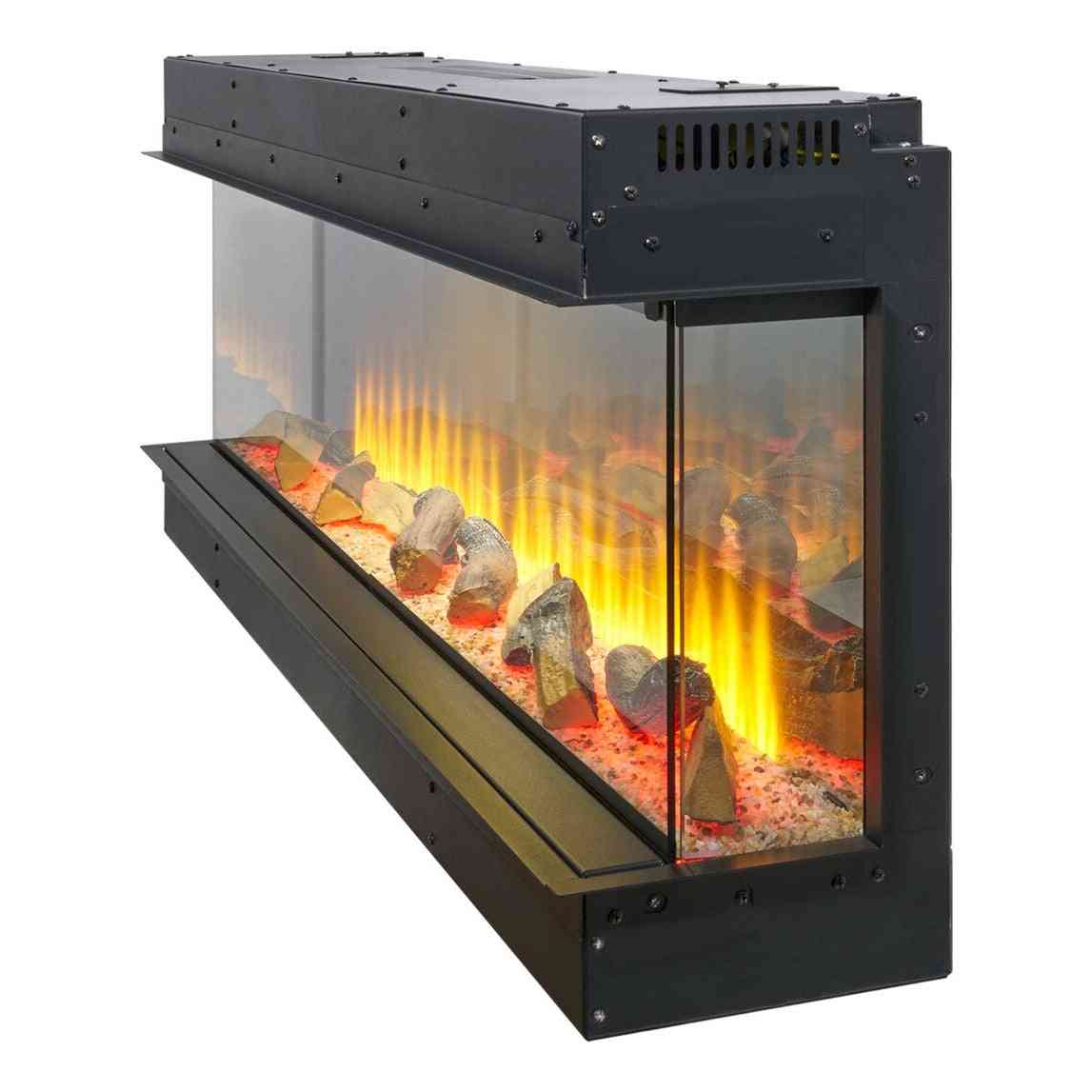 Black 3-sided inset electric fireplace with tempered glass and LED flame effect