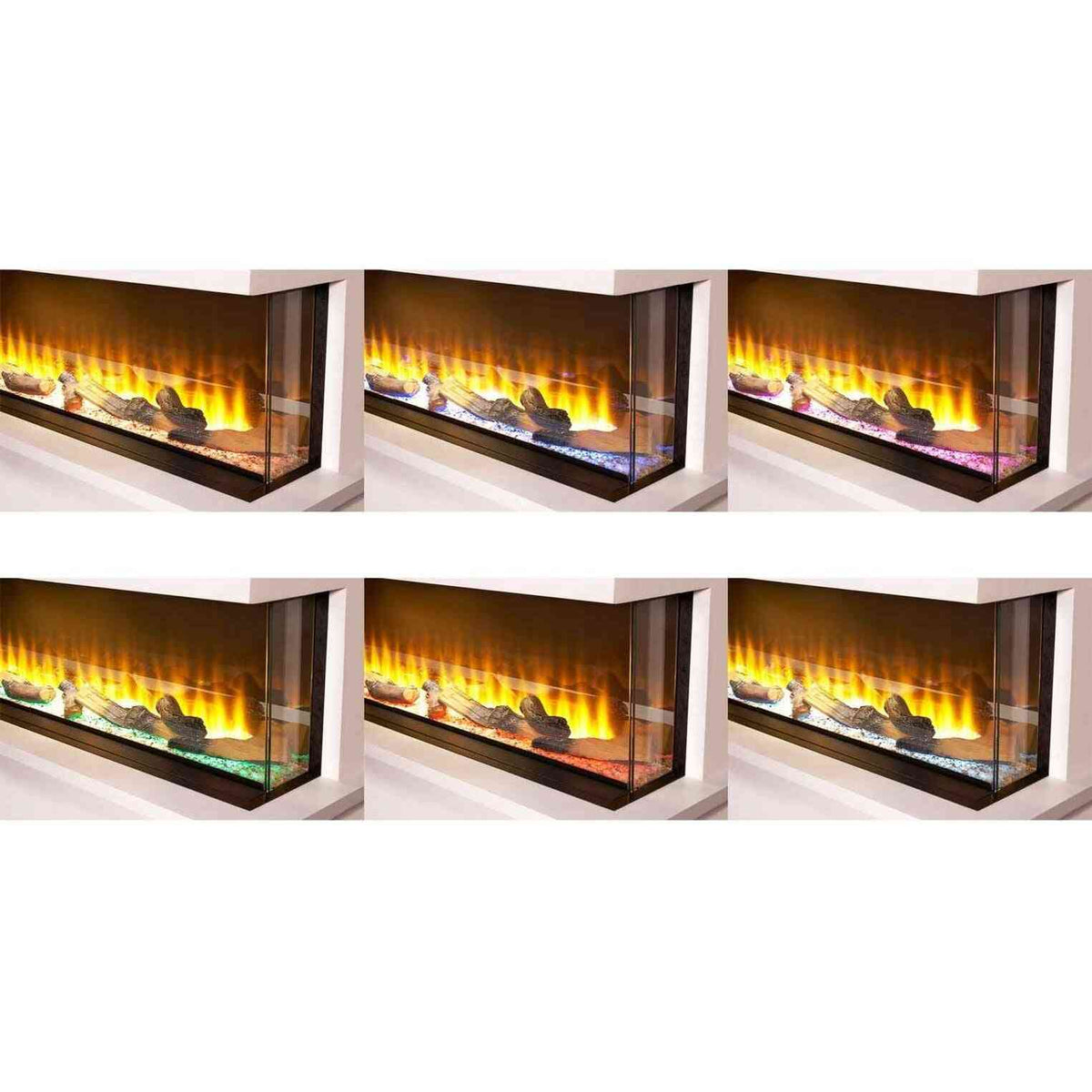 Adam Sahara electric fire showing six LED base lighting colors including amber, blue, and purple