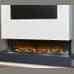 Close-up of black framed electric fireplace installed below wall-mounted media panel