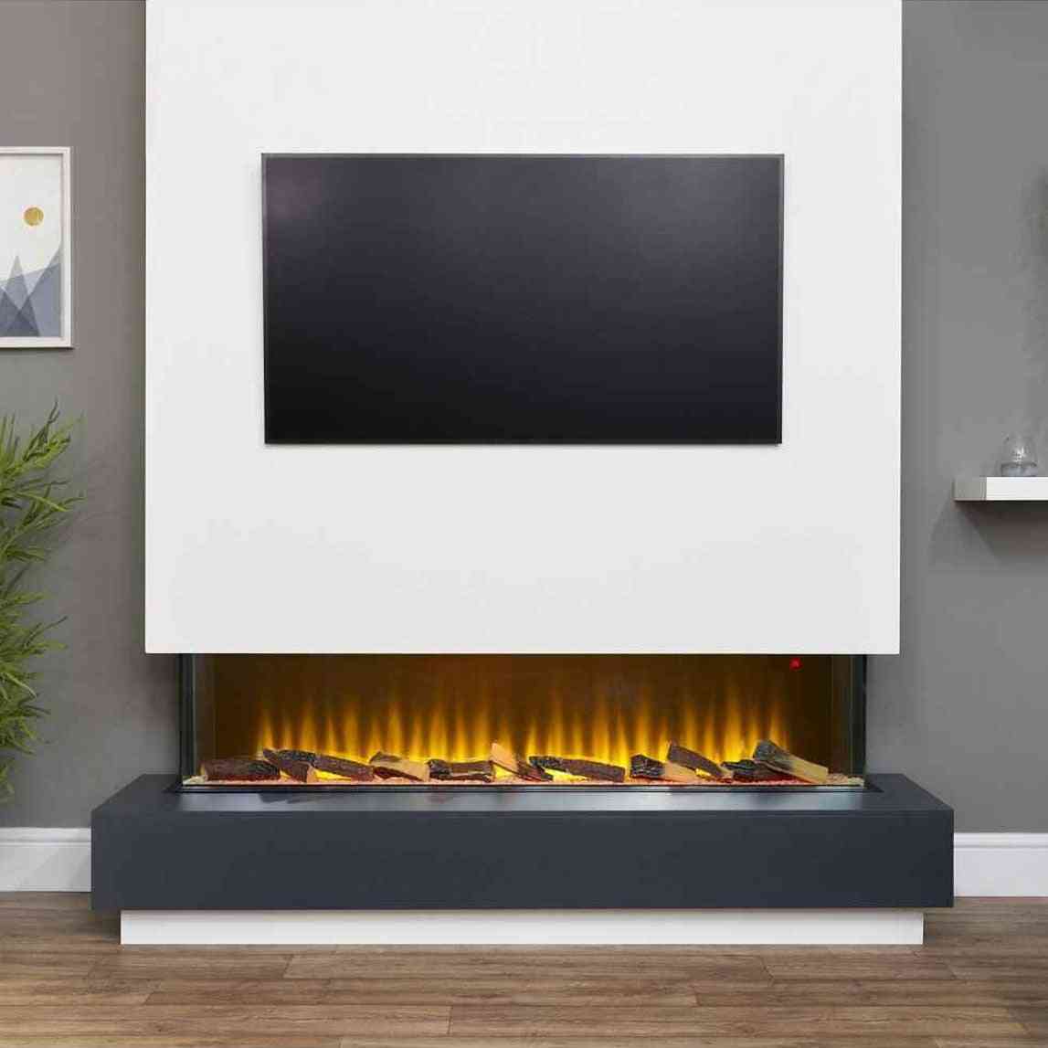 Built-in black electric fireplace installed under TV in modern living room with active flame
