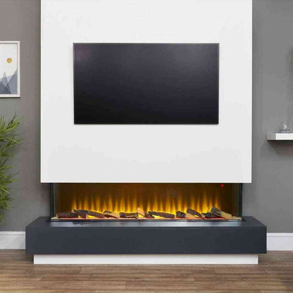 Built-in black electric fireplace installed under TV in modern living room with active flame