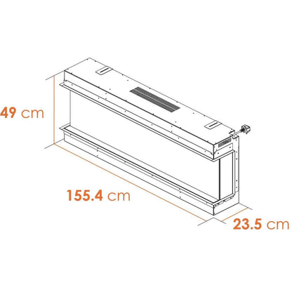Isometric technical diagram of 61-inch inset electric fireplace dimensions and mounting features
