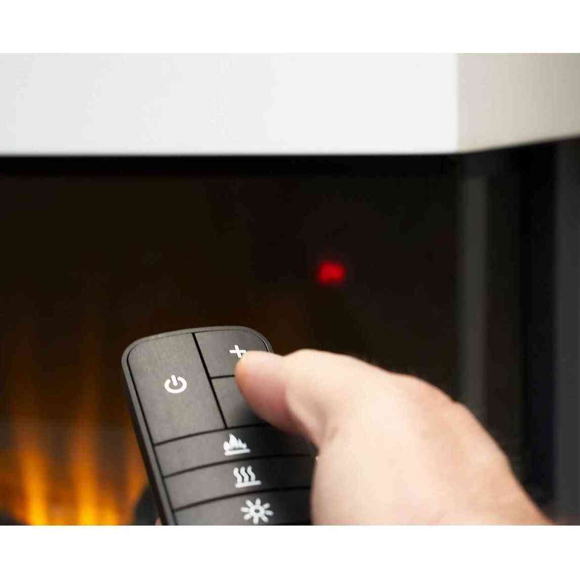 Black remote control for Adam Sahara 61-inch panoramic electric fireplace with flame and heat settings