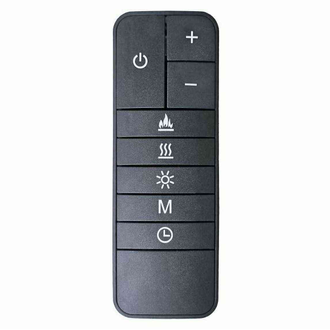 Black remote control for Adam Sahara electric fire with power, heat, and timer buttons
