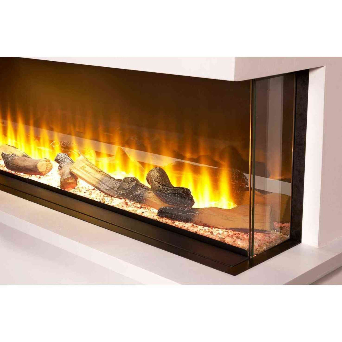Close-up of Adam Sahara electric fireplace with realistic LED flame effect and log bed