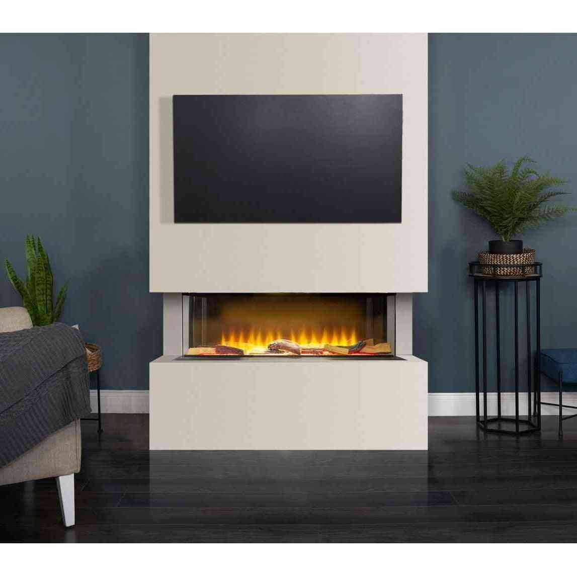 Lifestyle shot of white Adam Sahara media wall fireplace with mounted TV in living room