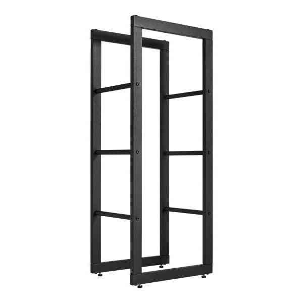 Black industrial-style firewood log holder with tall metal frame and multiple horizontal supports for storing firewood, SKU: 26857