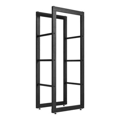 Black industrial-style firewood log holder with tall metal frame and multiple horizontal supports for storing firewood, SKU: 26857