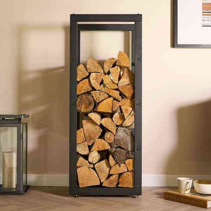 Tall black metal log rack filled with neatly stacked firewood, designed for indoor fireside use, SKU: 26857