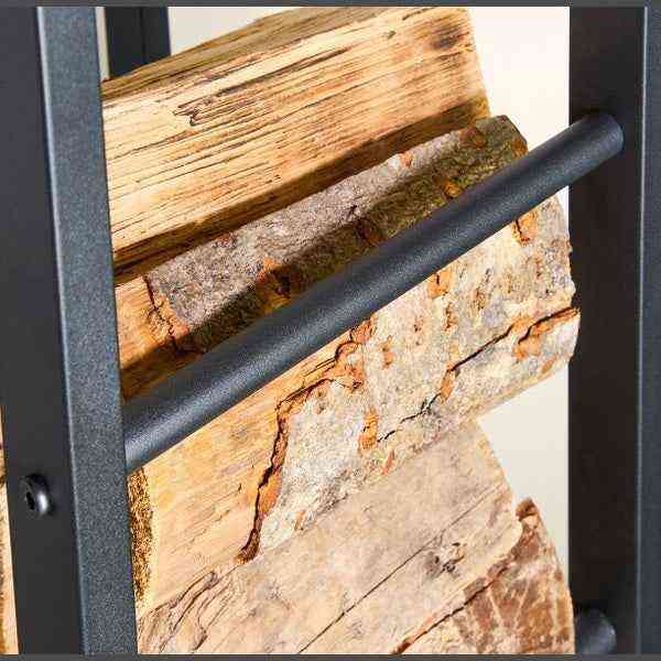 Front view of the black metal firewood log holder with open frame design, showcasing its minimalist industrial style, SKU: 26857