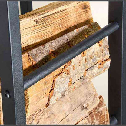 Front view of the black metal firewood log holder with open frame design, showcasing its minimalist industrial style, SKU: 26857
