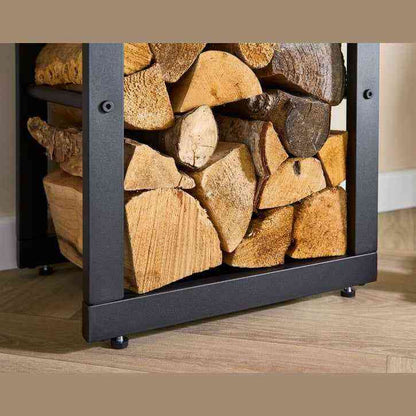 Close-up of stacked firewood logs in black metal frame, showing textured wood surfaces and secure storage, SKU: 26857
