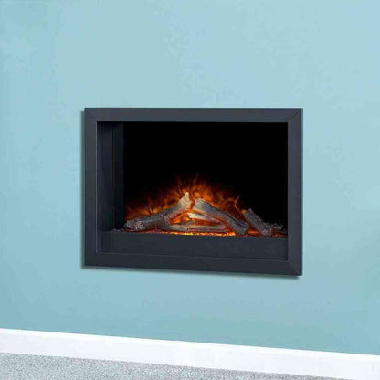 Black inset electric fire installed flush in blue wall with glowing LED flames