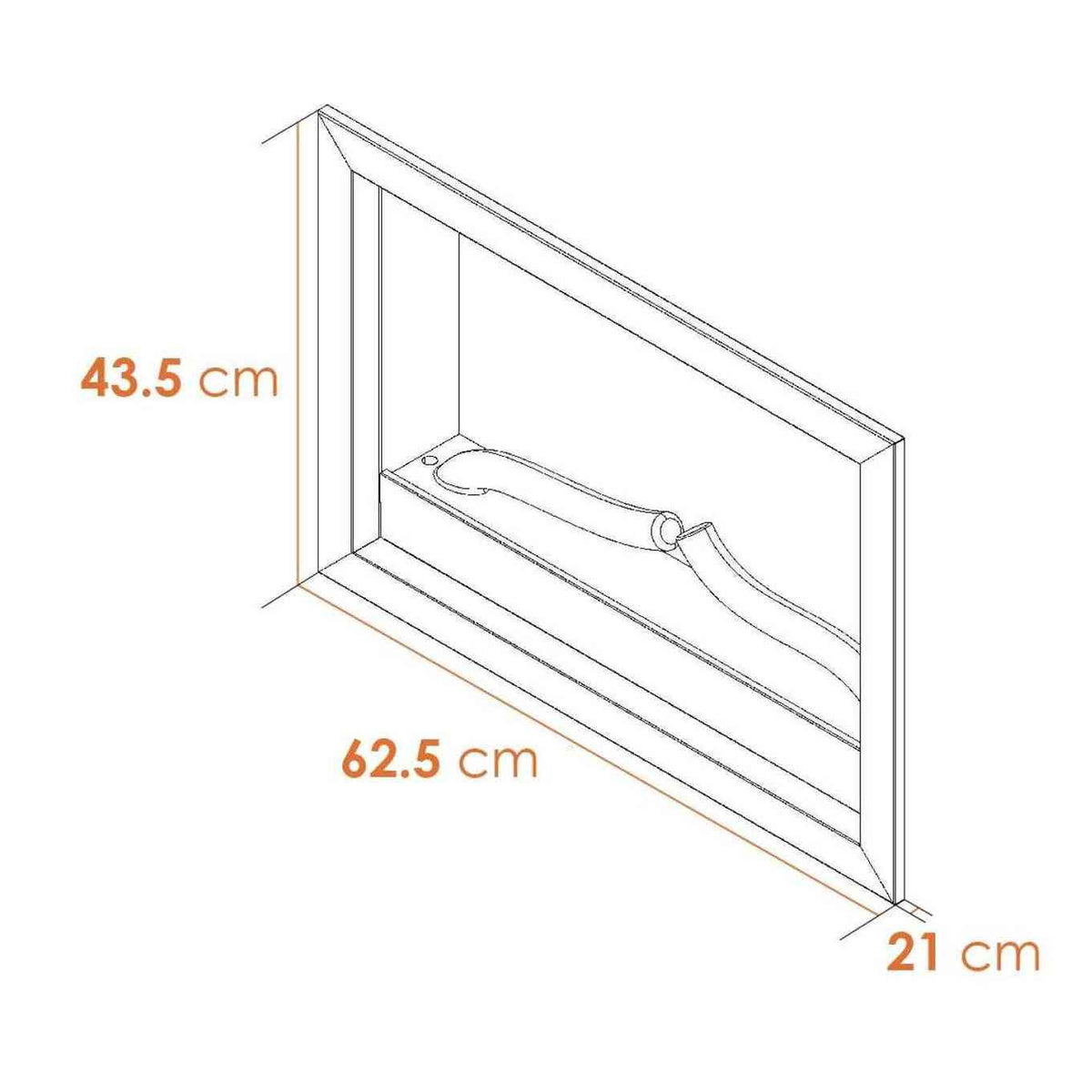 Technical dimensions diagram for black wall-mounted electric fire showing depth and size