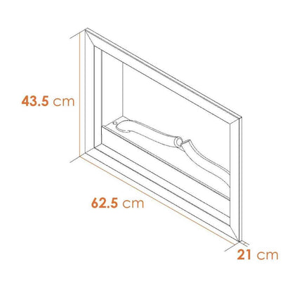 Technical dimensions diagram for black wall-mounted electric fire showing depth and size