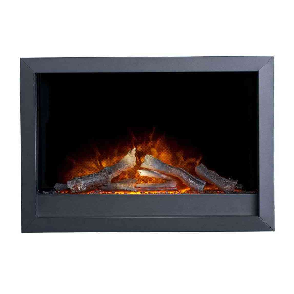 Close-up of black rectangular electric fireplace frame with realistic bark texture logs