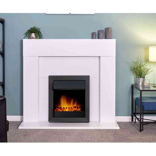 Black electric inset fire installed in white modern fireplace surround with active LED flames