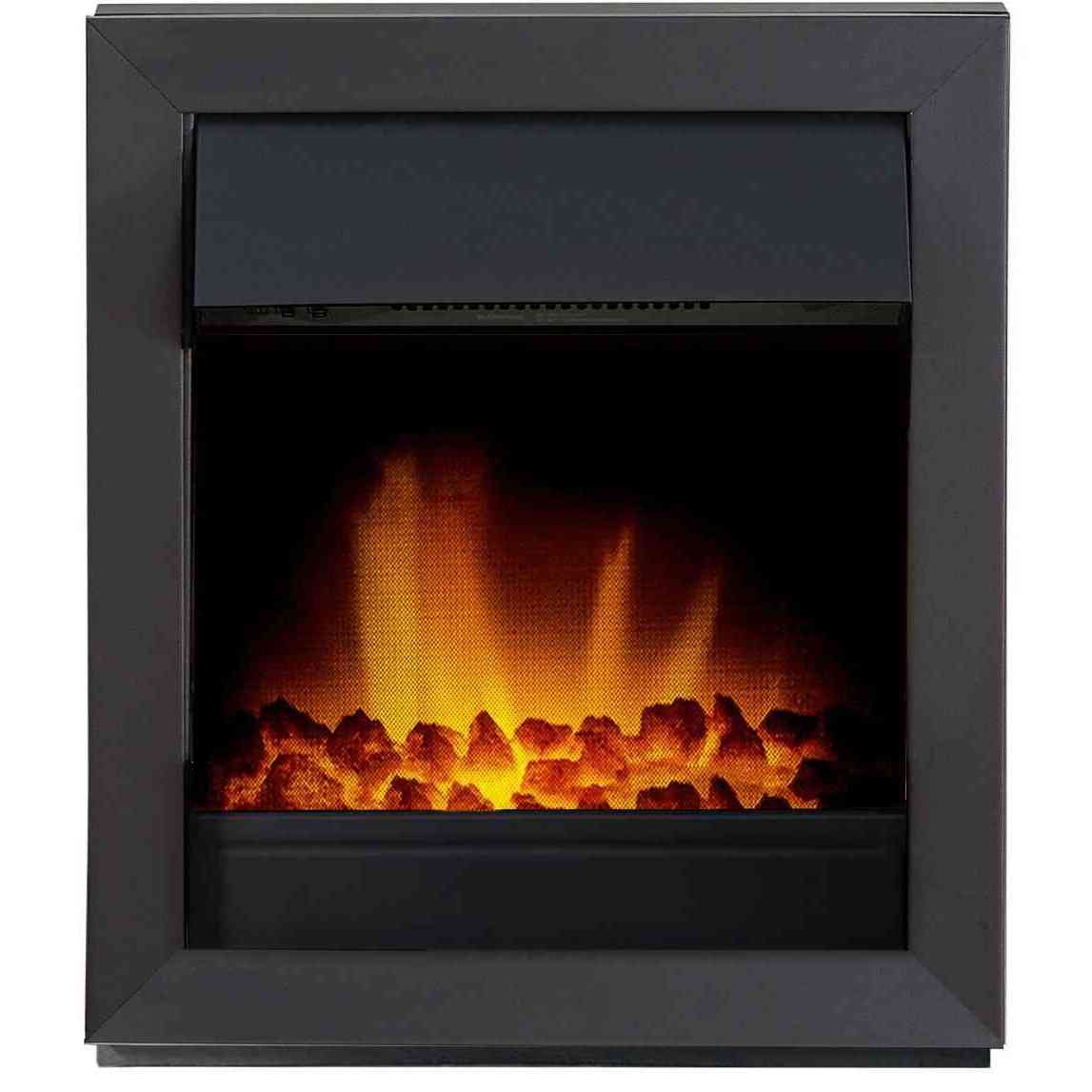Close-up of matte black inset electric fireplace frame showing orange LED flames over coal stones