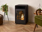 Black bio ethanol stove with glass front and visible flames, modern indoor fireplace design, placed in a stylish living room with wooden flooring