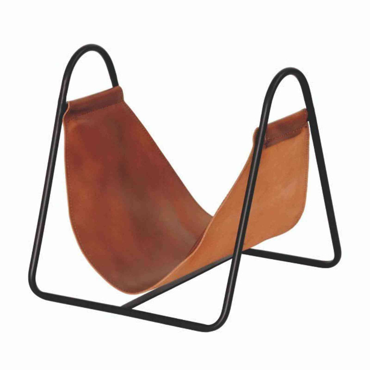Empty Apache brown leather log holder basket with black metal arches on white background